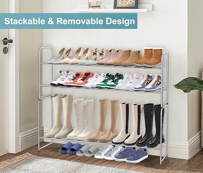 AOODA 2 Tier Long Metal Shoe Rack for Closet Wide Stackable Shoe Storage Organizer 18-Pairs Low Small Sneaker Rack for Entryw