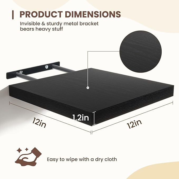 Fun Memories Floating Shelves for Wall - 12 Inch Square Shelves with Invisible Brackets, Black Small Wall Shelf for Living Ro
