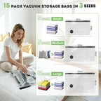Mapambo Vacuum Storage Bags with -60000Pa USB Pump, 15 Pack Vacuum Seal Bags for Clothing Travel in 3 Sizes, Travel Vacuum Ba