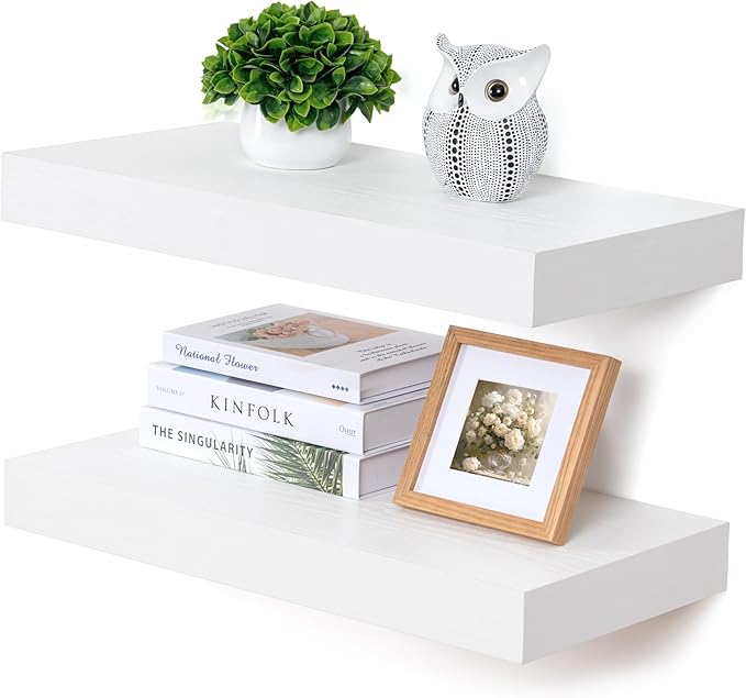 Deep Floating Shelves | 24 Inch White Floating Shelves Set of 2 | 12 Inch Deep Rustic Wood Shelves for Wall | 24" W x 12" D W