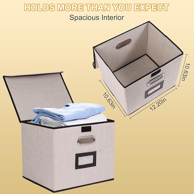 Large Square Storage Bin with Lid, Foldable Organizer Box with Handles & Label Design, for Office, Closet, Home, Documents, G