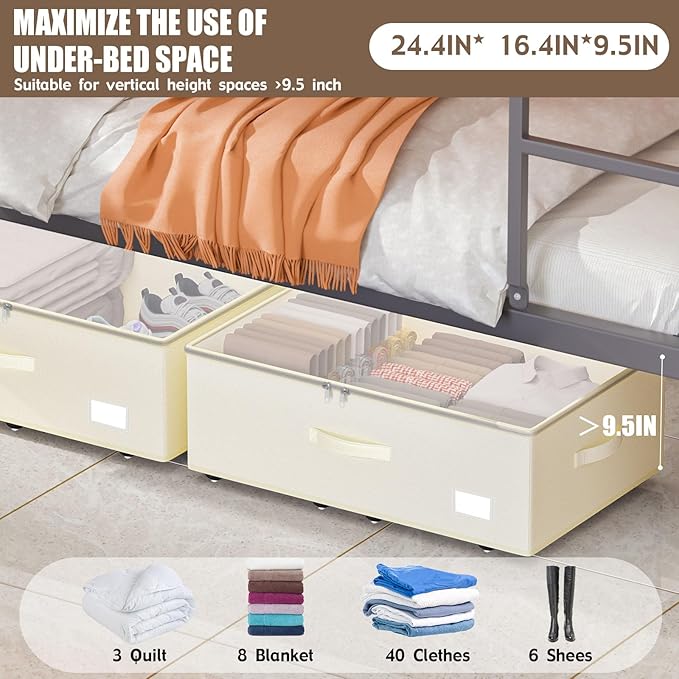 Under Bed Storage with Wheels, No Assemble Required 10 inches height Under Bed Storage bins,Large capacity Rolling Underbed S