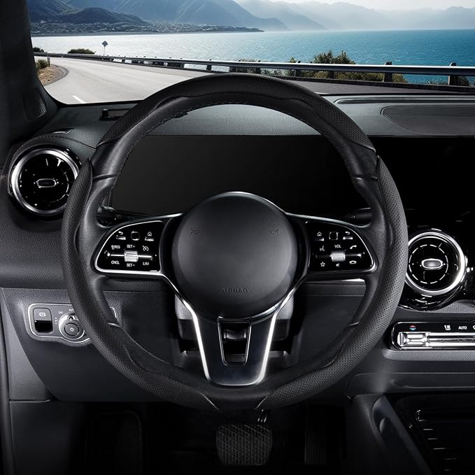 Nappa Leather Car Steering Wheel Cover for Men Women, Ultra-Thin Non-Slip Breathable Microfibre, Universal for 14.5"-15" Stee