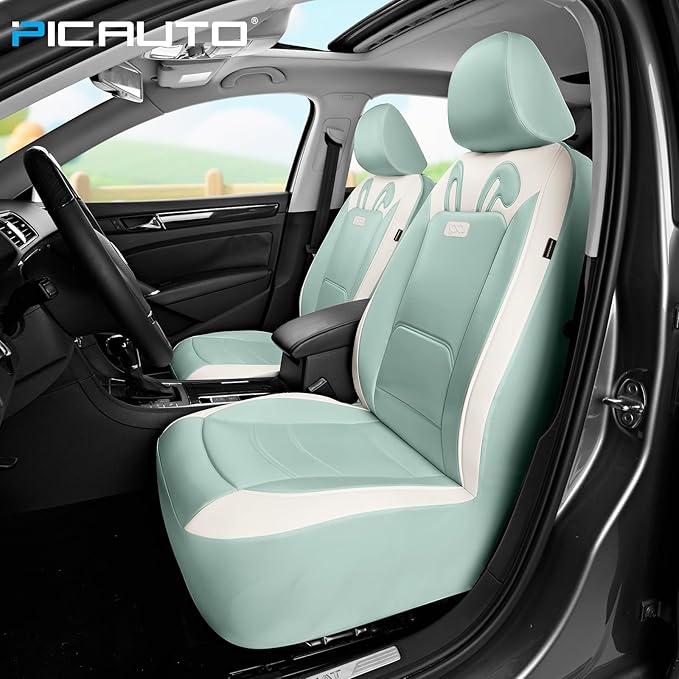 PIC AUTO Car Seat Covers, Cute Rabbit Premium Green Leather Seat Covers, Universal Fit Front Seat Covers for Cars, Trucks, SU