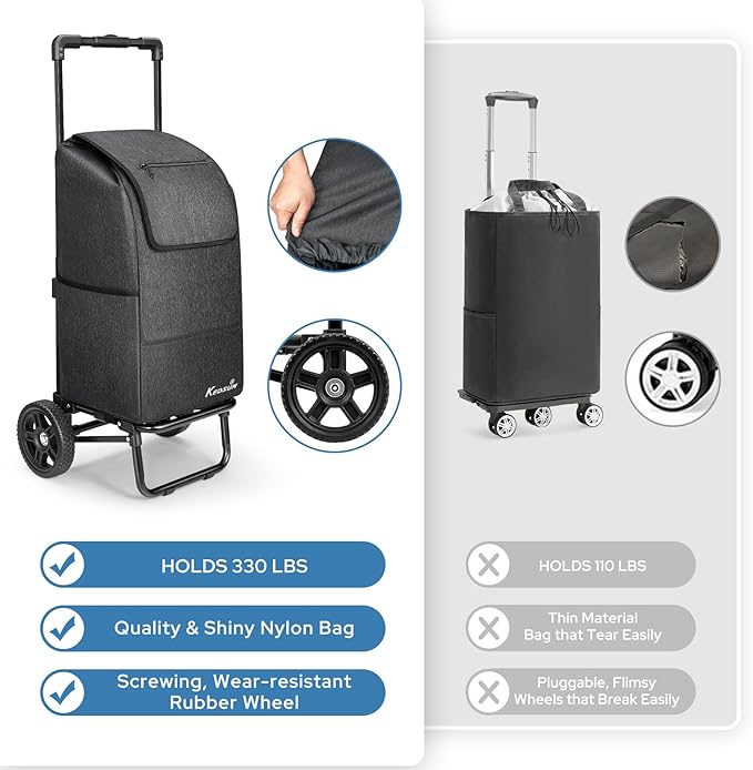 KEDSUM 2 in 1 Shopping Carts for Groceries, 330 lbs Grocery Cart on Wheels, Foldable Utility Carts with Wheels, Hand Truck with Waterproof Tote Bag for Shopping, School, Laundry, Craft Show, Black
