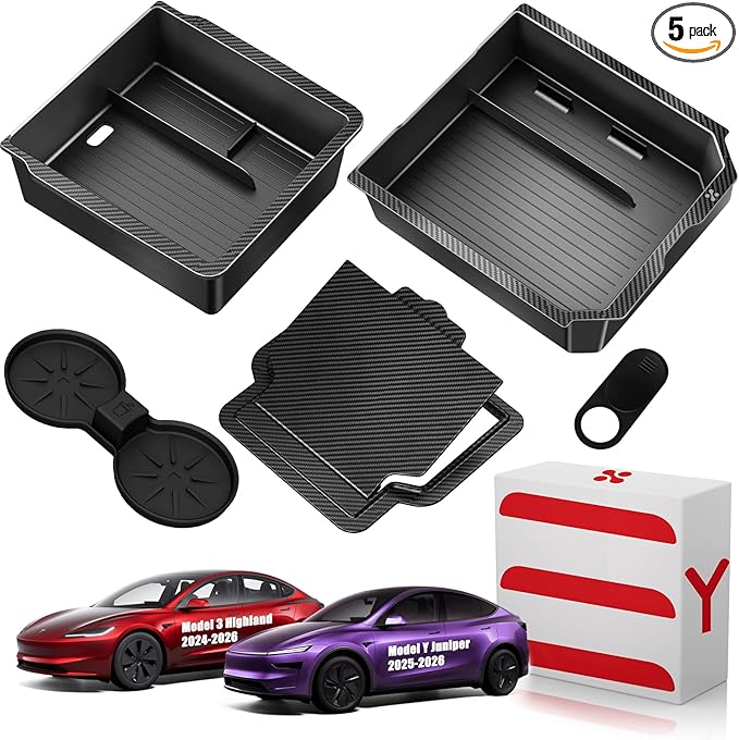 Tesla Model Y Juniper 2025 2026 & Model 3 Highland 2024 2026 Center Console Organizer Tray [Slide Smoothly + Easy Installation] Cup Holder for Tesla Model Y Juniper Accessories