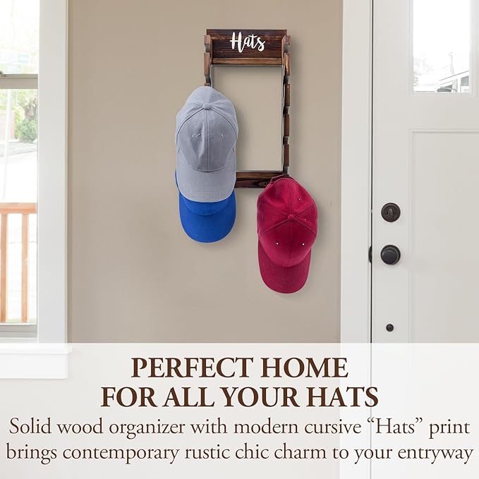 MyGift Wooden Hat Rack Wall Mount, Baseball Cap Organizer Display Holder, Hat Storage Shelf with White Cursive Hats Label,10 