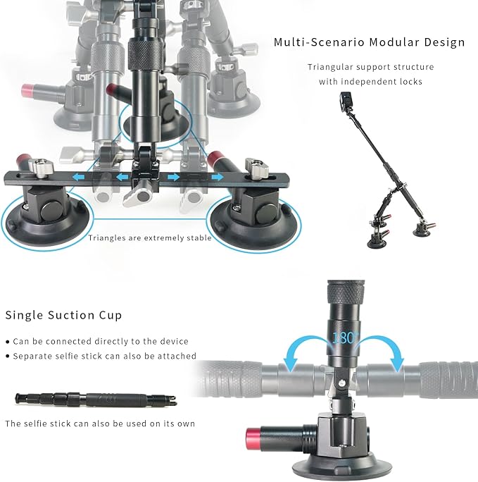 FIFIELD Triple Suction Cup Car Mount Kit with 2in1 Selfie Stick, CNC Machined Quick Release Adjustable Extension Mount for Windshield Dashboard Hood, Compatible with GoPro Insta360 DJI Action Cameras