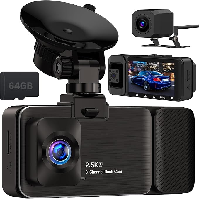 3 Channel Dash Cam Front and Rear Inside, 2.5K Dash Cam, APP Control, Night Vision, 3" IPS Screen, Built-in Wi-Fi, G-Sensor, 