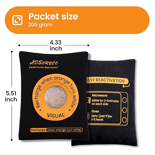 ADSorbco Rechargeable Desiccant Packs for Storage, Rechargeable Silica Gel Packets, Color Indicating Desiccant Packs for