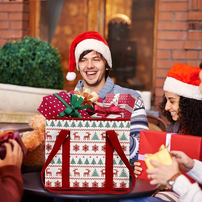 Reusable Grocery Bags 3 Pack - Heavy Duty Reusable Shopping Bags with Hard Bottom & Long Handles, Stand Up Grocery Boxes Reusable Foldable, 13x10.23x11in, Reindeers