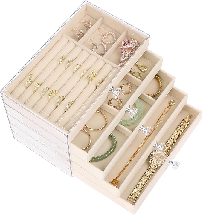 Hyber&Cara Luxury Acrylic Jewelry Box Organizer - 5 Drawers Velvet Lined Clear Stackable Storage for Earrings Necklaces Rings