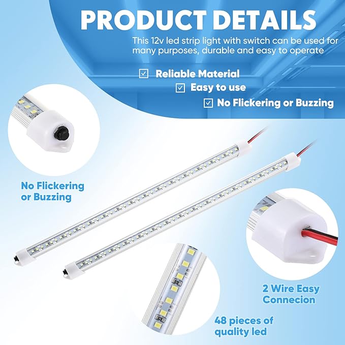 8 Pcs 12V Interior LED Light Bar for Car LED Light with Switch and Magnets Strip White 12V Lighting for Indoor Room Home Car Cargo Truck Trailer Van