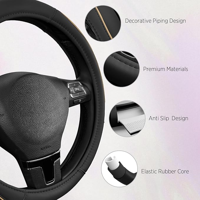 Road Comforts Leather Steering Wheel Cover with Decorative Trim and Piping, Anti-Slip Breathable Design, Fits 14.5–15 Inch Ro