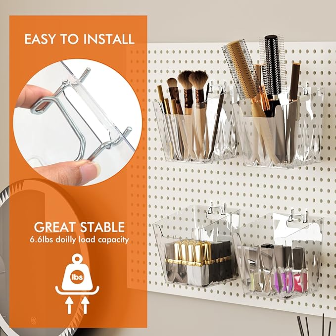 LIGHT DUST Clear Pegboard Cups with Hooks, 1/8" & 1/4" Peg Board Orangizer Accessories Aesthetic Decoration for Garage Workbe