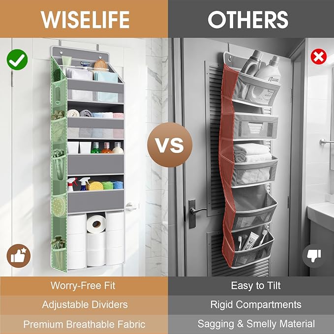 WISELIFE 5-Tier Over the Door Organizer for Hanging - 50LB Heavy-Duty Back of Door Organizer with 5 Spacious Pockets & 13 Mes
