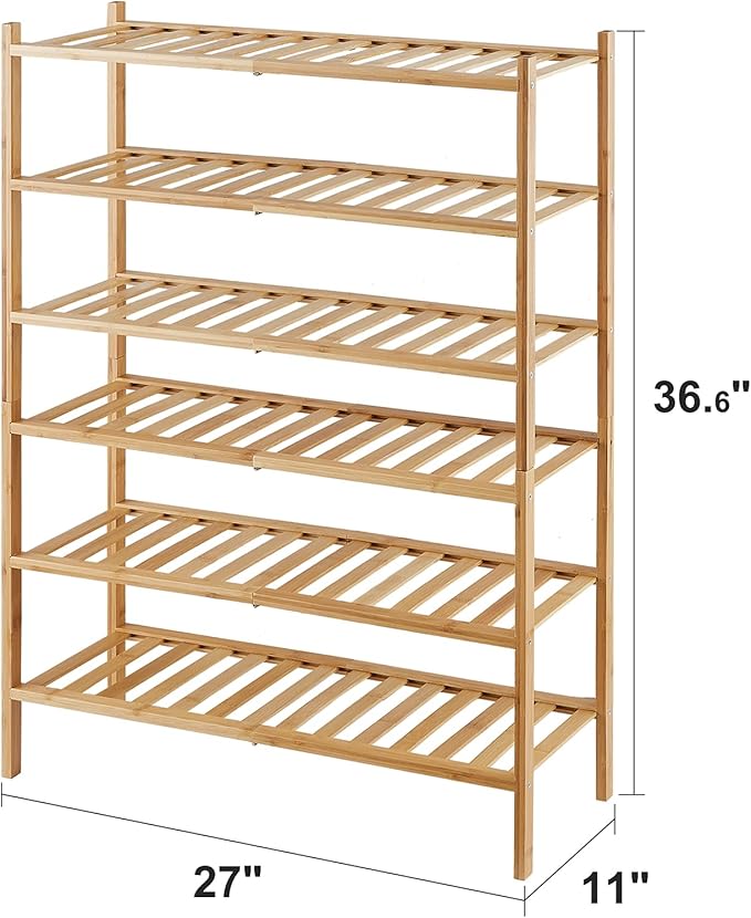 viewcare 6-Tier Bamboo Shoe Rack for Entryway, Stackable | Foldable | Natural, Shoe Organizer for Hallway Closet, Free Standi