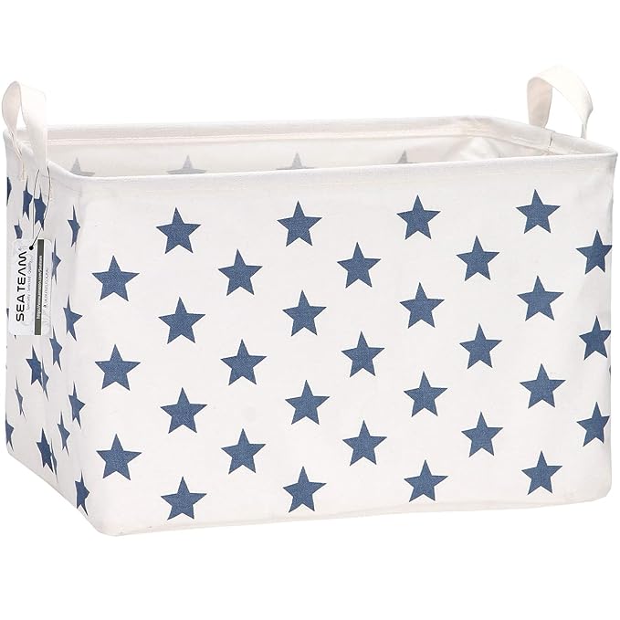 Sea Team Collapsible Canvas Fabric Storage Basket with Handles, Rectangle Waterproof Storage Bin, Box, Cube, Foldable Shelf B