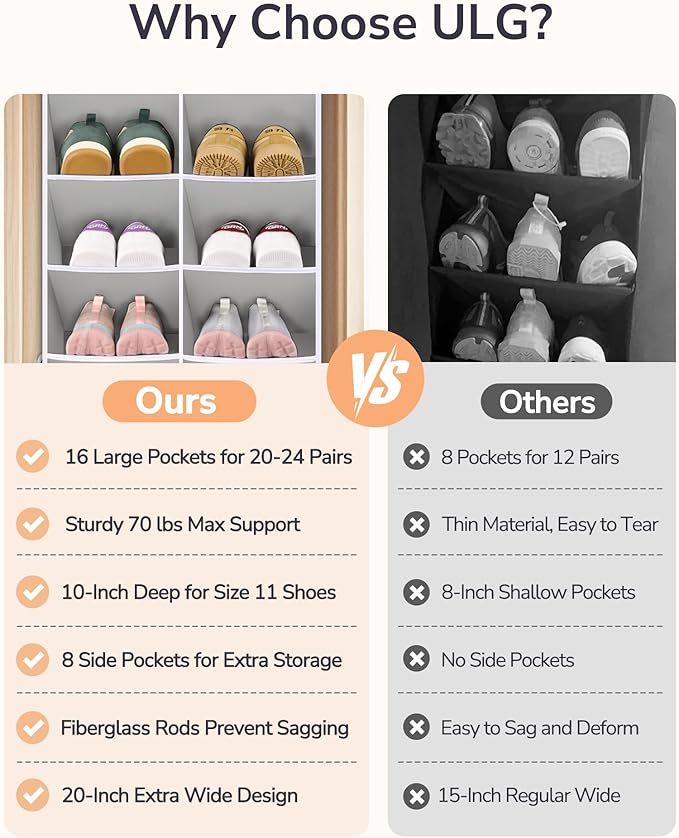 ULG Over The Door Shoe Organizer with 16 Large Pockets, Hanging Shoe Rack for Closet Door, Space Saving Shoe Storage for Boot