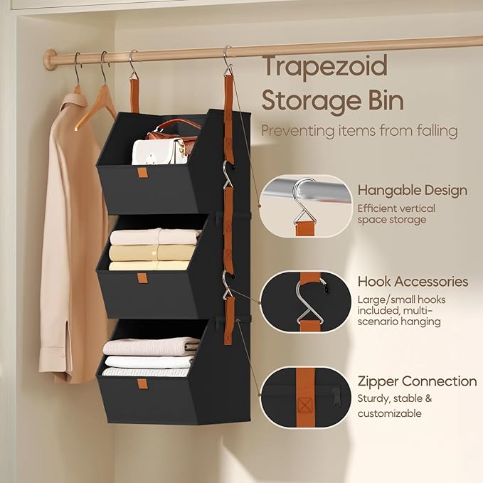 Homsorout Collapsible Hanging Closet Organizer - 3 Tier Closet Shelves Storage System with Hooks, Fabric Hanging Storage Bins