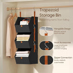 Homsorout Collapsible Hanging Closet Organizer - 3 Tier Closet Shelves Storage System with Hooks, Fabric Hanging Storage Bins