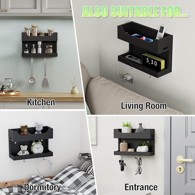 NiHome Wall Mounted Wooden Bedside Accessories Organizer, Double Tray Bedside Storage Shelf Rack with Magnetic Hooks, Bedroom