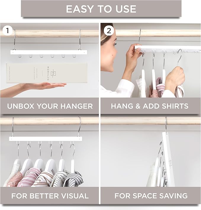 MORALVE Space Saving Hangers for Closet – 4 Pack European Beechwood 6-Tier Shirt Organizer with 360° Swivel Hook – Collapsibl