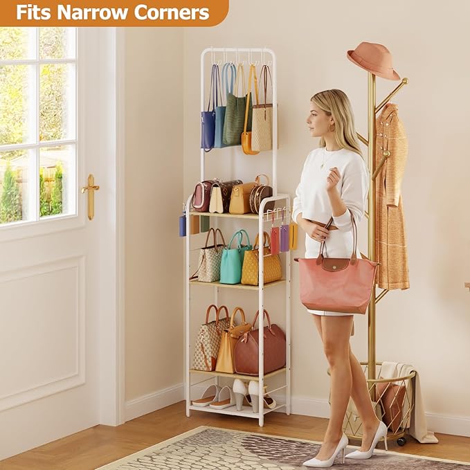 Tall Purse Organizer Stand with 3-Tier Thick Wood + 1-Tier High-Density Mesh, Adjustable Interchangeable, Slim Narrow Freesta