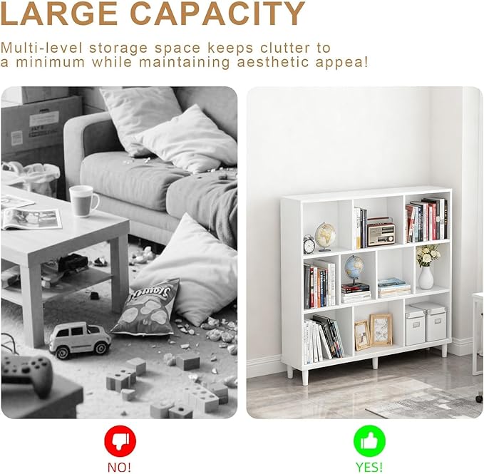 10 Cube Storage Organizer |Wide Bookshelf|3 Shelf Bookcase |Library Bookcase -Cubic Storage Cabinet（Storing Books,Toys & More
