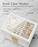 Vlando 5 Layer Jewelry Box for Women, Glass Lid Jewelry Organizer with 5 Drawers for Necklaces Rings Earrings Bracelets - Whi