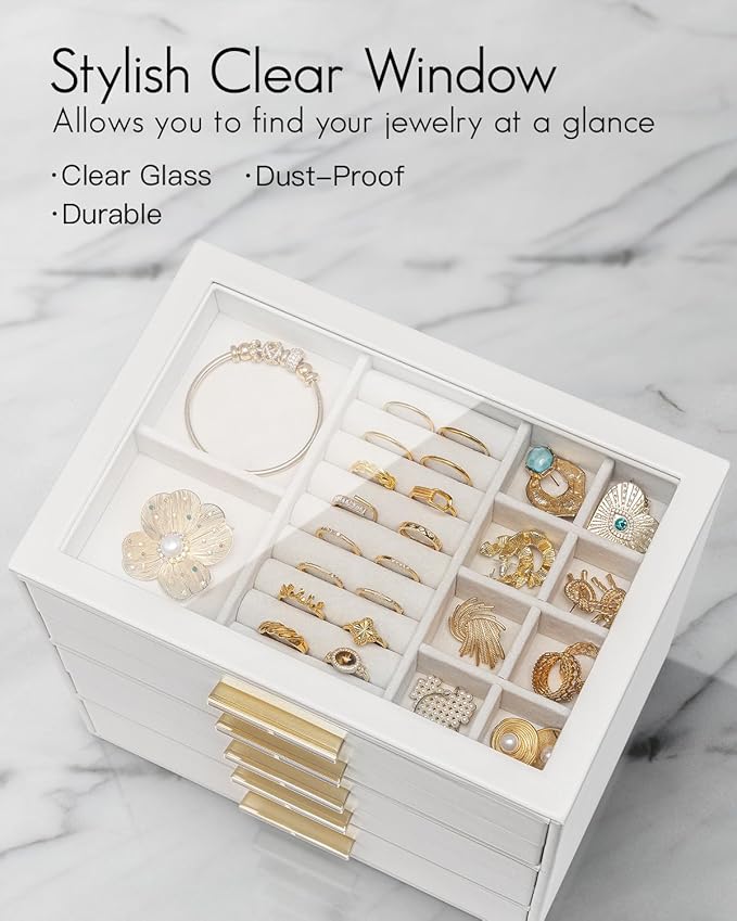 Vlando 5 Layer Jewelry Box for Women, Glass Lid Jewelry Organizer with 5 Drawers for Necklaces Rings Earrings Bracelets - Whi