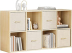 EXPERLAM 8 Cube Storage Organizer - Solid Wood Bookshelf with 4 Storage Bins, Cube Shelf with 2 Removable Back Panels, Vertic