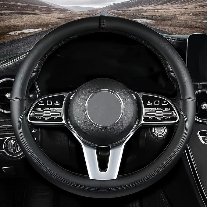 Custom fit for Mini Cooper Car Steering Wheel Cover, Nappa Leather Non-Slip Steering Wheel Cover, Designed for Mini Cooper Interior Accessories (Black)