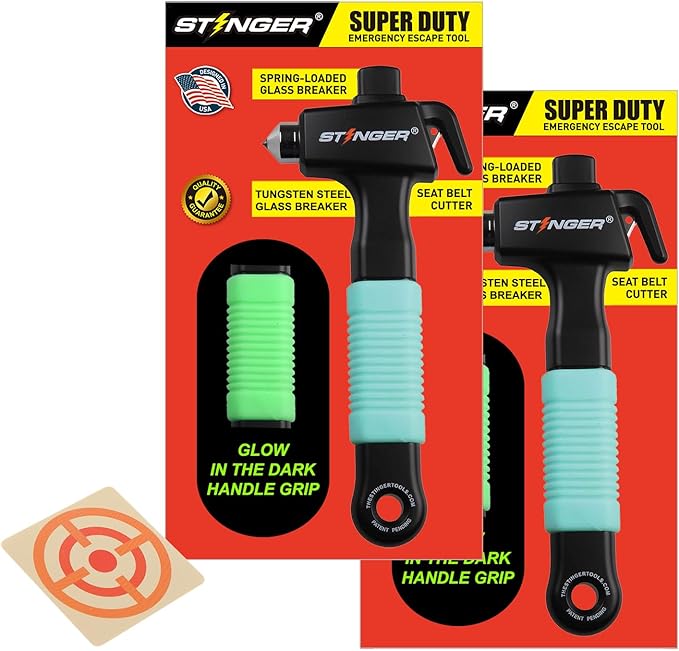 Stinger Super Duty Car Emergency Escape Tool - Hardened Carbon Steel Safety Hammer, Spring-Loaded Window Breaker, Razor-Sharp