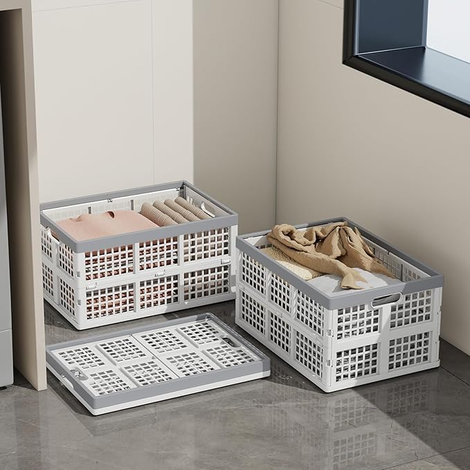 4 Packs 30 L Plastic Collapsible Storage Basket, Folding Stackable Storage Containers/Bins, White
