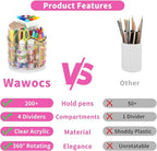 Wawocs Acrylic Pencil Organizer for Desk 4 Compartments with Adhesive DIY Sticker, Rotating Art Supply Organizer with Kawaii 