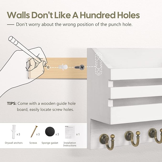 FifthQuarter Key Holder Wall Mount: Key and Mail Holder for Wall with 6 Hooks and Storage Drawer, Easy Installation Key Rack 
