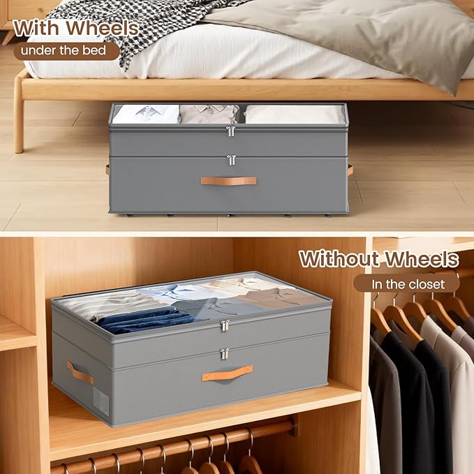 Under Bed Storage with Wheels, 2-Pack Underbed Storage Containers, No Assemble 11 inches 90L XXL Large Adjustable Storage Bin