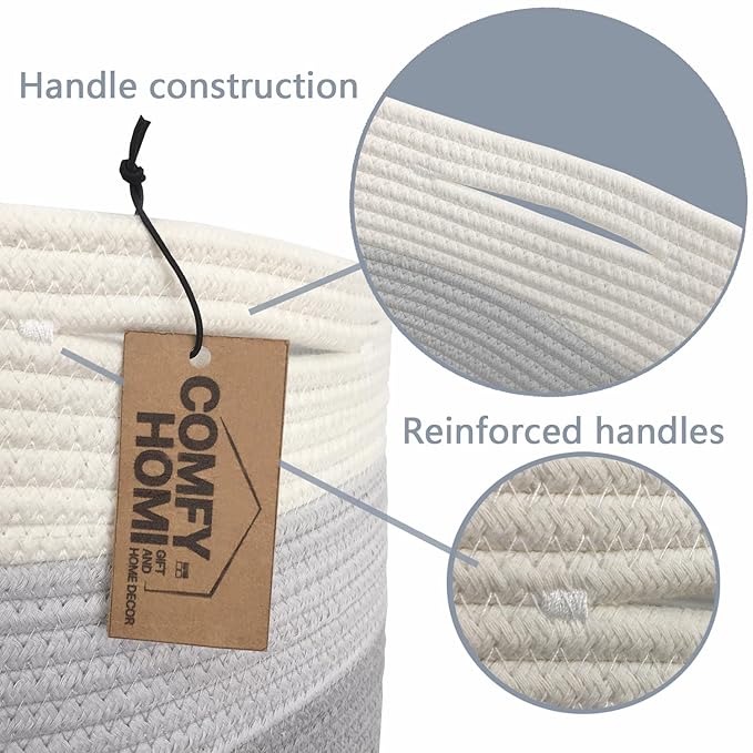 COMFY-HOMI Cotton Rope Woven Basket with Handles for Shelves,Toys,Book, Cloth Storage Baskets Bin for Organizing-13.5"x11"x9.