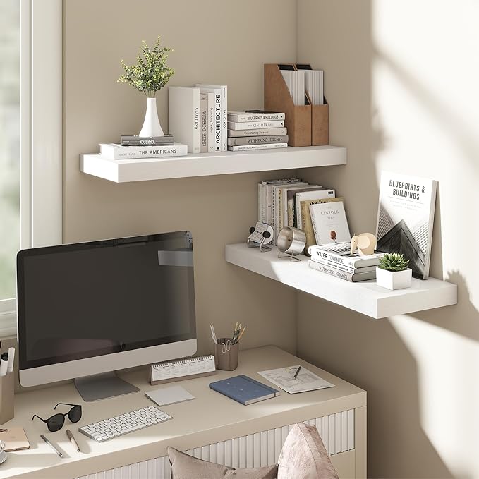 Dreamland 30 Inch White Floating Shelves for Wall,8 Inch Deep Floating Shelves,30" W x 8" D Wall Shelves for Bedroom,Living R