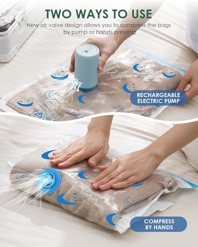 Vacuum Storage Bags with Electric Pump, 12 Pack Vacuum Sealed Bag with 1500mAh Rechargeable Battery for Clothes, Blanket, Duv