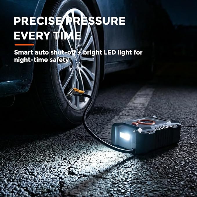 Cordless Tire Inflator Portable Air Compressor 100PSI with Auto Shut-Off, Built-In Cord & Hose Storage, 3-Meter Copper Power Cord, LED Light for Car Motorcycle Bike Ball