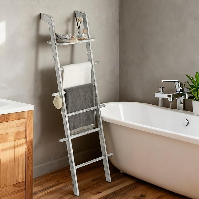 Wash White Wood Blanket Ladder with Top Shelf for the Living Room, 67in Decorative Blanket Holder, 5 Tier with Side Hooks for