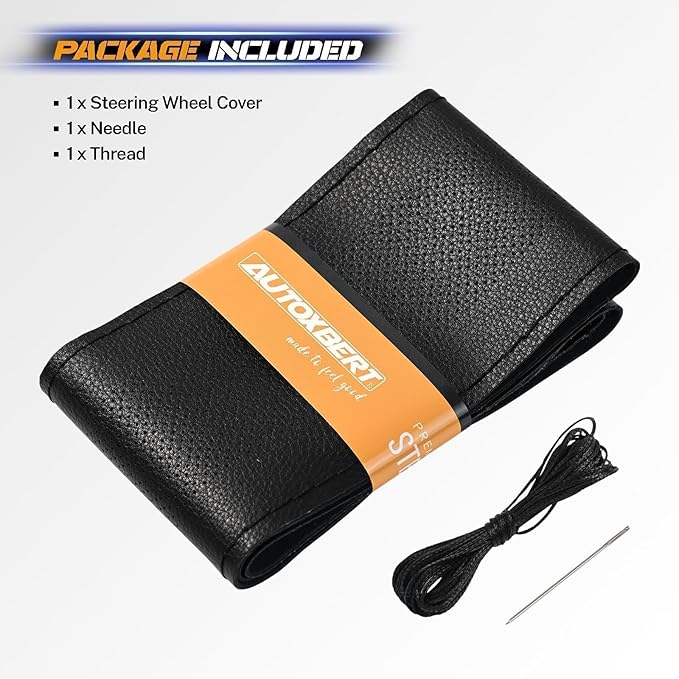 AUTOXBERT 38cm/15 Inch Genuine Leather DIY Steering Wheel Cover Soft Hand Sewing On Wrap Cover with Needles Thread fit for VW