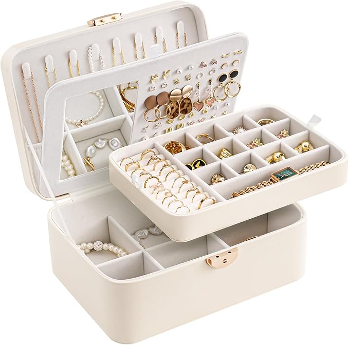 Lolalet 2 Layer Jewelry Box with Lock and Key for Teen Girls & Young Women, Jewelry Organizer Case with Round Clasp and Mirro