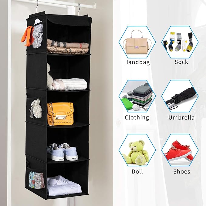 BrilliantJo 2 Pack Hanging Closet Organizer, 5 Shelves Hanging Storage with 6 Side Pockets for Clothes Shoes, 43"x12"x12"(Bla
