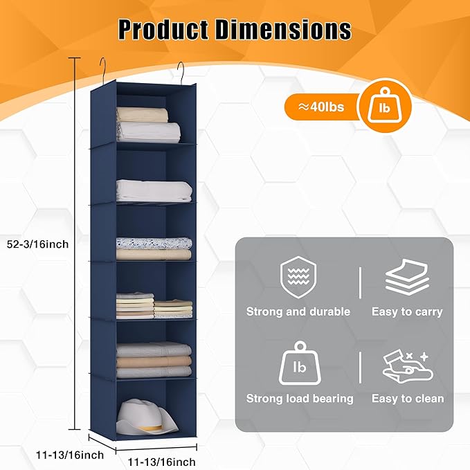 Hanging Closet Organizer and Storage 6-Shelf, Easy Mount Foldable Hanging Closet Wardrobe Shelves, Clothes Handbag Shoes Acce