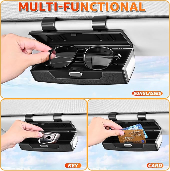 Car Sunglasses Holder for Sun Visor, Button Leather Eyeglass Hanger and Interior Storage Box