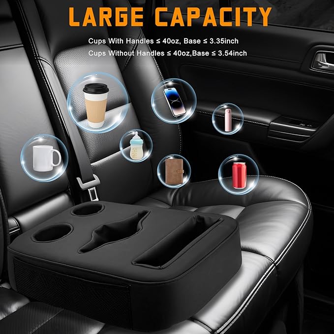 Car Cup Holder, Waterproof Leather Back Seat Drink Holder Expander Tray with Handle, Multifunctional Rear Seat Couch Cup Orga
