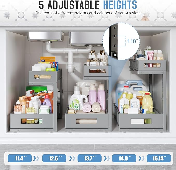 2 Pack 17IN Depth Under Sink Storage Organizer, Large 2-Tier Elegant Mesh Pull Out Shelf for Kitchen and Bathroom Cabinet Org